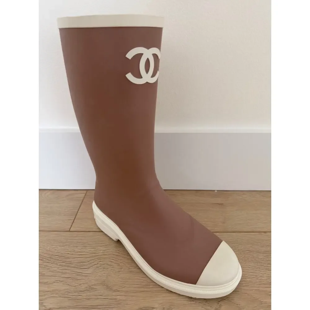 Chanel 26C Beige White Caoutchouc CC Logo High Pull On Rubber Rain Boots 36 - Picture 11 of 16